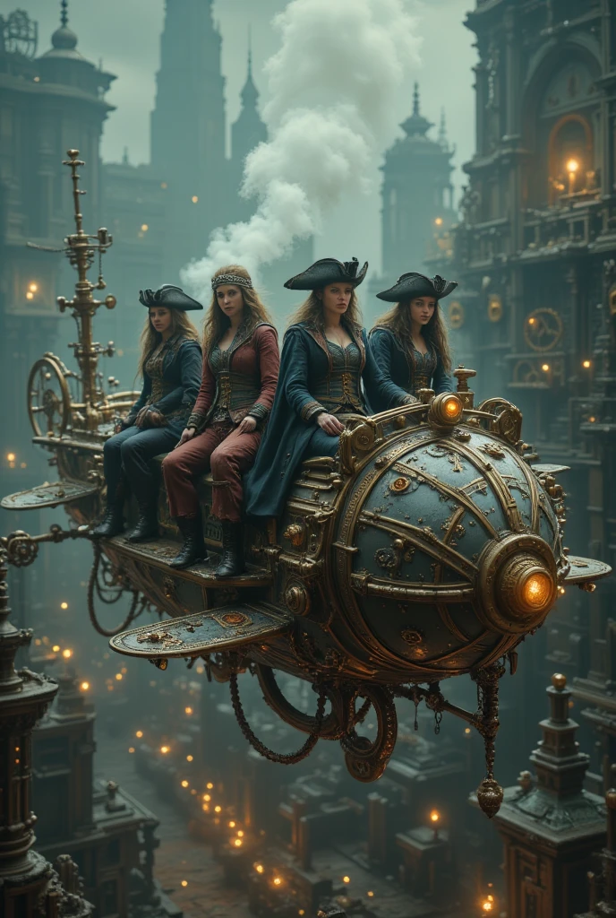 female steampunk pirates with emphasis on steampunk style clothing (Features of the 1880s, with many layers, corsets, hoodies, Hats, booties, gears, glasses) flying on a steampunk flying metallic pirate ship, sobre uma cidade movida a vapor e gears
