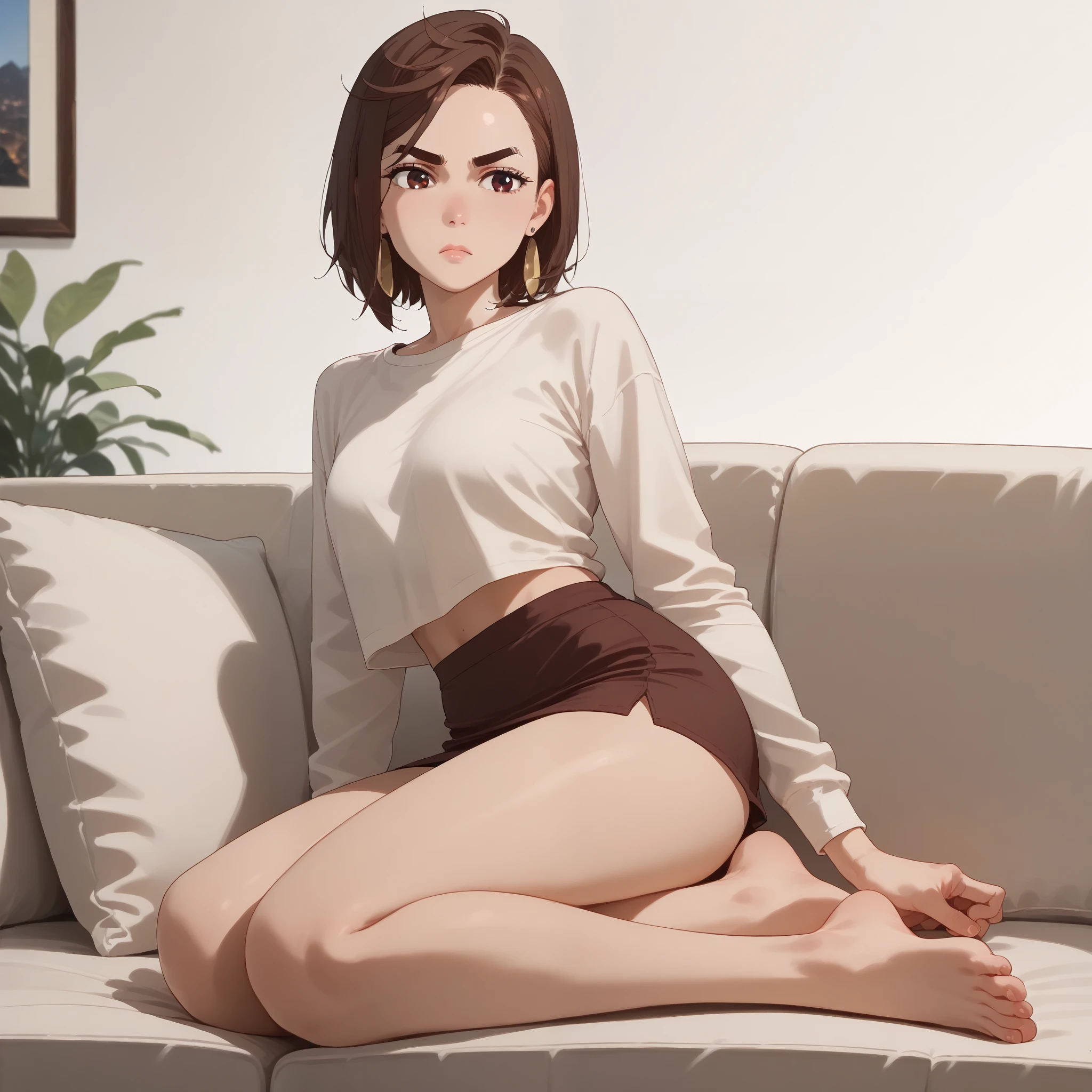 Score_9, score_8_up, score_7_up, KJOmomo, brown hair, brown eyes, medium hair, parted bangs, thick eyebrows, earrings, wearing micro skirt, barefoot, top, sitting on a couch, cocky expression