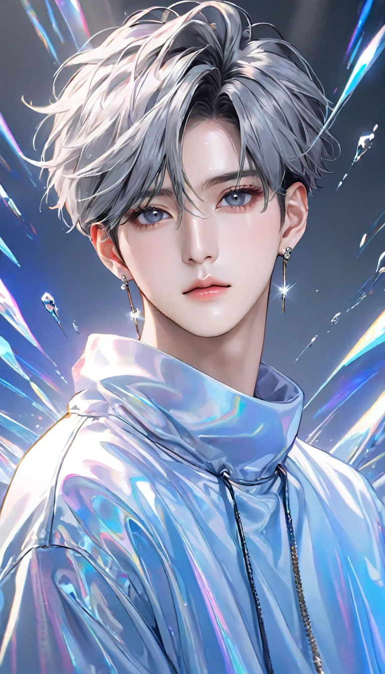 K-pop King ,  absurd,  Hi-Res, Super detailed,  Hi-Res, male model ,  Masterpiece」,  best quality,  Extremely Detailed Face ,   Delicate Features , Jaehwan, Sexy Men, Grey-haired man,  short hair, No fringe, no bangs , Beautiful Hair,  COOL BLUE EYES ,  the world after the fall, Alone, Functional, Young Face, black King style, cold, transparent, black, boyfriend, ,  earrings for a woman alone, K-Pop Boy,  draw a large background , Anime, KPOP MODEL ,   creepy villain mansion background, Stroking my hair,  draw a large background , 4K, High image quality, Korean Makeup,  Upper Body Photo ,  Draw Your Upper Body Big , Gentle Light, Seduce