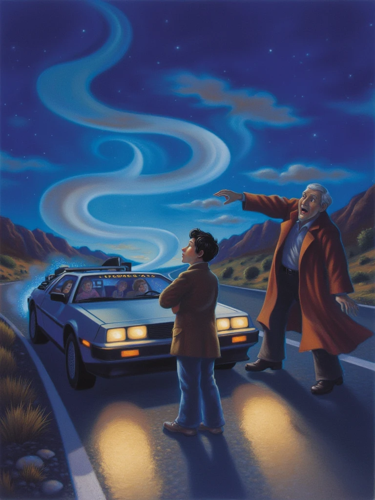 mrygp, Marty McFly and Doc Brown stand by the DeLorean on an empty road under a midnight sky, surrounded by swirling steam. Marty looks excited and a bit nervous, while Doc, wild-eyed, gestures at the car’s dashboard, explaining their journey. The headlights cast beams across the road, and the dashboard shows a date far into the future, with sparks and glowing lights emphasizing the thrill of time travel.