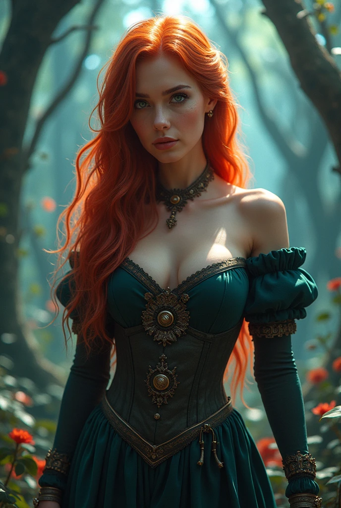 A beautiful redheaded Asian young girl, intricate gothic black 1860's dress and corset with silver chains, extremely long, smooth, extremely silky hair, very large breasts, detailed lingerie, many silver chains, moon light, dark gothic makeup, dramatic lighting, rich colors, extremely detailed, 1890s clothes, magical fantasy atmosphere, concept art, panorama, high resolution, Lengerie, detailed face with beautiful eyes and lips, photorealistic, fantasy, dark academia, 1890, dramatic lighting, rich colors, red hair, intricate details, dark girl, long very very very silky hair, lengerie elegant elf dress, very big tits, dense forest, no sunlight, detailed face and eyes,(best quality,4k,8k,highres,masterpiece:1.2),ultra-detailed, 1890 clothes (realistic,photorealistic,photo-realistic:1.37),magical fantasy atmosphere,fantasy,concept art