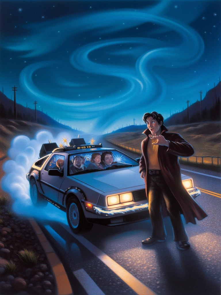 mrygp, Marty McFly and Doc Brown stand by the DeLorean on an empty road under a midnight sky, surrounded by swirling steam. Marty looks excited and a bit nervous, while Doc, wild-eyed, gestures at the car’s dashboard, explaining their journey. The headlights cast beams across the road, and the dashboard shows a date far into the future, with sparks and glowing lights emphasizing the thrill of time travel.