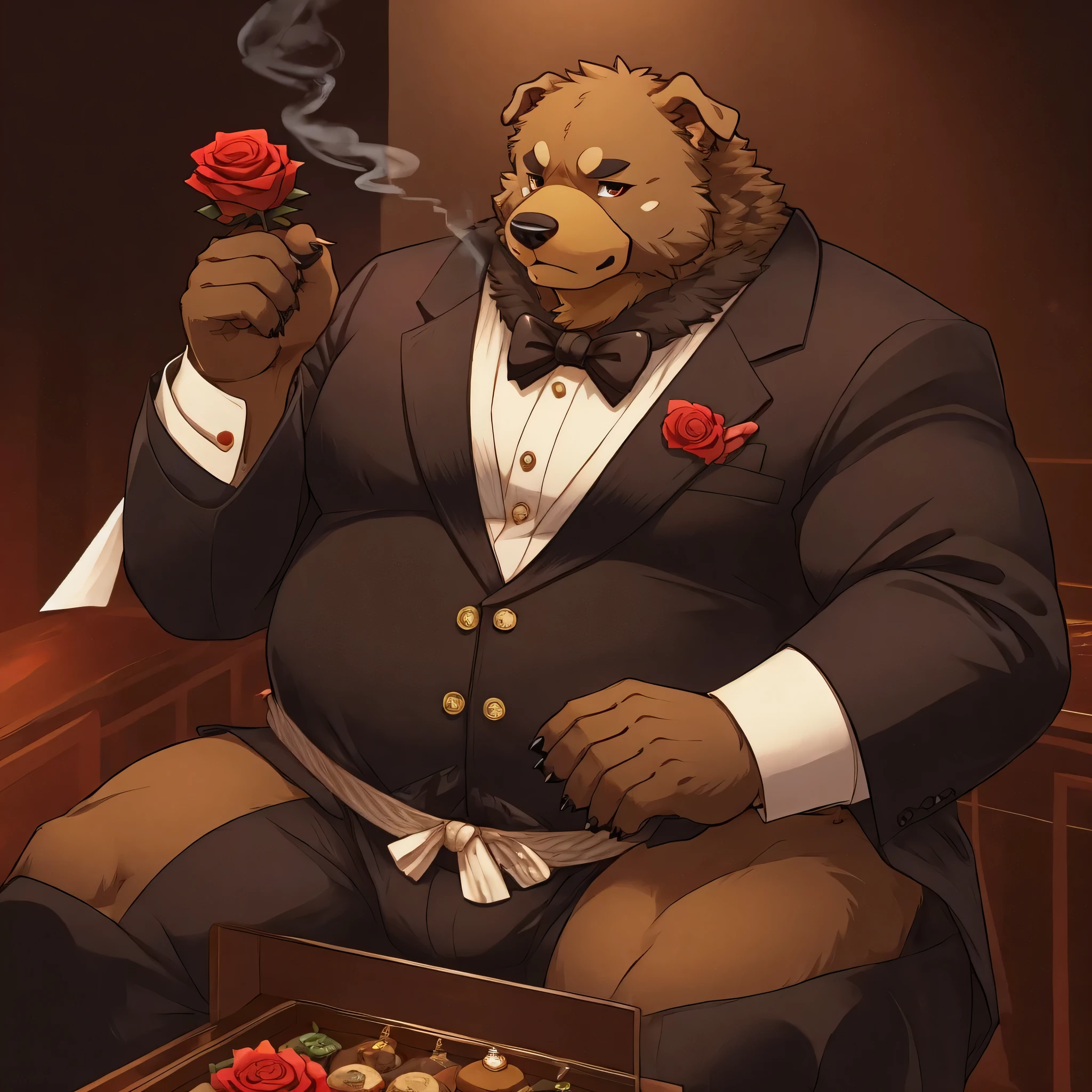 Bee.
Alone.  Tibetan Mastiff .   dark brown fur .  Dark Brown Rose ,   Light Brown Abdomen .  Brown Eyes .  Fluffy Fur . Big body, chubby, Muscular, Panza . 
Butler Suit. Black People Who Smoke ,  They have trays (High image quality)