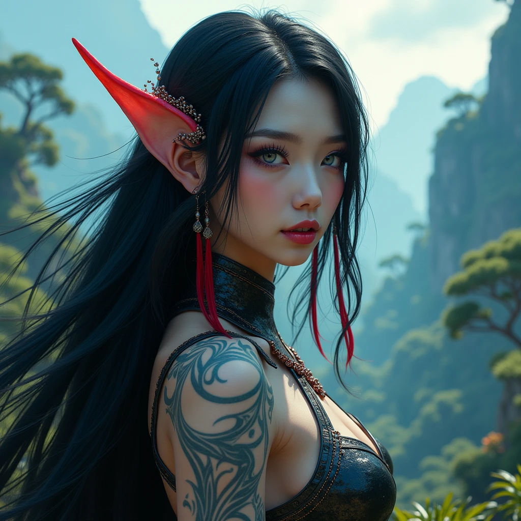 (masterpiece, top quality, best quality, official art, beautiful, cosmic, atmospheric, psychedelic, dreamlike and aesthetic, swirling psychedelic cosmic graffiti patterns:1.2), (1elfgirl), extreme detailed,(fractal art:1.3),colorful,highest detailed, "(Best Quality, 8K, 32K, masutepiece:1.3), Ultra-detailed, (Photorealistic:1.4), perfect color scheme, albino, elf princess Girl, Detailed moonlight eyes, full body portrait, very long luxurious blue hair, highly detailed Harajuku-inspired hooded battle armor, super huge enormously gigantic tits, cleavage showing, Avant-garde makeup, Numerous piercings, Heavily tattooed body, flower pedals and butterflies blowing in the wind, enchanted cosmic aesthetic atmospheric dreamlike forest background 