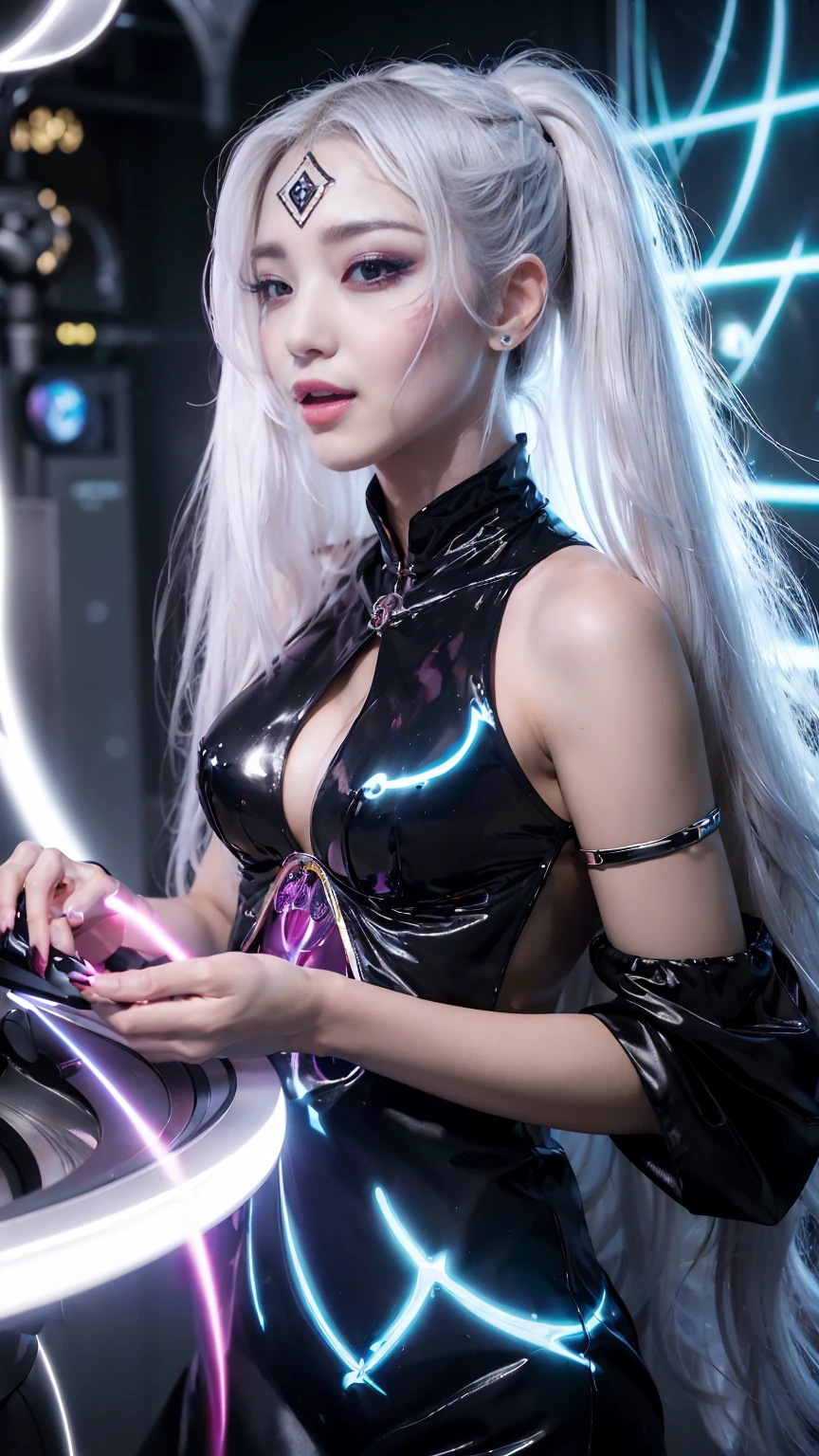 Background moon, big moon in the back, moon, 1 girl, Chinese_clothes, liquid silver metallic and rainbow colors, cyberhan clothes, cheongsam, cyberpunk city, dynamic pose, detail luminous headphones, luminous hair accessories, long hair, glowing earrings, glowing necklace, cyberpunk, high-tech city, full of mechanical and futuristic elements, futurism, technology, glowing neon lights, rainbow colors, rainbow color light, sexy skirt, transparent black cape, laser light, digital background city sky, big moon, There are vehicles, the best quality, masterpiece, 8K, character edge light, super high detail, high quality, the most beautiful woman of mankind, smile, face facing the front left and right symmetry, ear corner decoration, long antenna glow, beautiful pupils, light effects, visual data, silver rainbow hair dye, ultra-detailed facial texture, happy proud, weapon system, crowded street passers-by, mecha style, wearing a glowing antenna on the head, deep eyes, far away, details of the entire city, girl sitting, candy color neon color matching, rainbow lights, only one character, There is only one protagonist