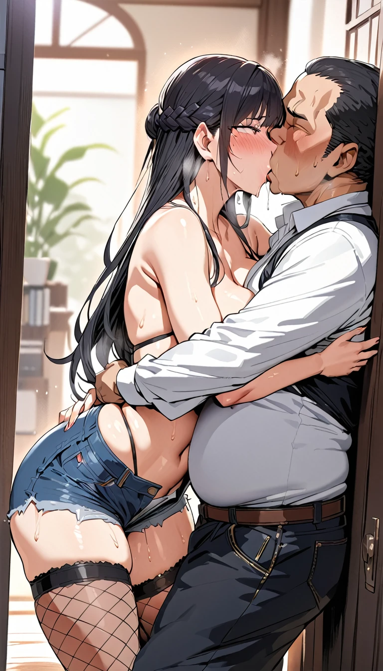 nsfw,1scene,from front,cnc,High quality,Ultra-high resolution,High-definition illustrations,Masterpiece,extremely detailed,highres,detail mouth,Mature hetero sexual couple,bewitching woman,(married sexy milf is glossy lips and geezer perv is lust hentai),(black heir),eyes rolled back, drooling, flushed cheeks, intense expression,Fishnet stocking,denim shorts,unbuttoned shirt,home entrance,intense climax,1 geezer stalker,(((hug from behind))),((breasts grabs)),(Deep Kiss: 1.4)), (((Forced kiss,))),((sexual harassment)),saliva,sweat,Medium breasts,seductive,beautyfull curvy,mole under eye,blush,netorare falling,