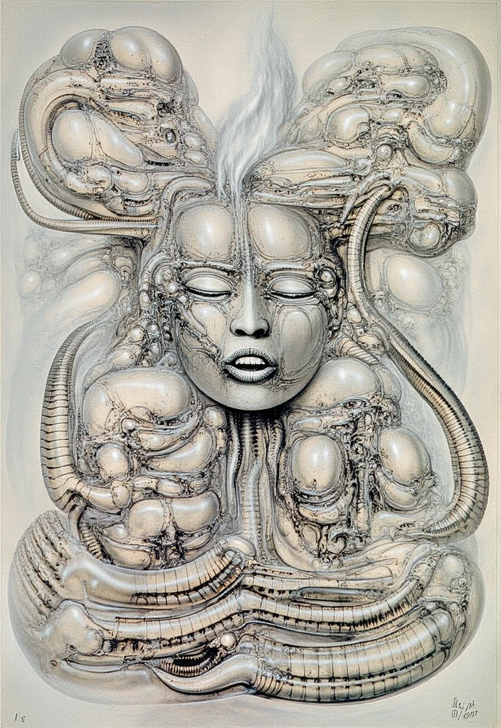 HRGGR, The image is a detailed view of H.R. Giger's biomechanical tableau \" for judith (work 512) \" plate, featuring (The image is a surrealistic  charcoal drawing of a man's face surrounded by swirling patterns and abstract shapes. By giger  ), (best quality:1.4).The piece is a tableau, most likely created with a India ink pen or pencil on paper, determined by the thin lines, shading techniques, and the texture of the paper, which is visible around the edges. Used is pen, given the shading and variations in line weight visible in the image. Artist have used a variety of stylus with different degrees of hardness to achieve the shading effects. The use of undersaturated green-grays dark contrasts creates a stark and graphic look. Is used a variety of linework techniques to create different textures. Fine, parallel lines create a smooth, metallic texture,while thicker, more cursive lines suggest cables or wires. Light source from the top highlights skeletals, upper part of foreground, lower part of image is in shadowupper part of foreground, lower part of image is in shadow. The art performance showcases the artist’s skills in observation and rendering. The level of detail in the piece suggests a close study of real bone specimens and mechanics. The artist has skillfully used shading techniques to create a convincing illusion of three-dimensionality on a flat surface. The wrinkles and cracks in the surface, and the cast shadows with accuracy, used shading techniques to create a realistic depiction of light and shadow on the objects. This creates a sense of depth and dimension in the image. The artist has used careful linework to depict the contours and textures in the piece Sharp focus on foreground elements illustration. Deep and delicate DOF. Big painting. Stored in Louvre masterpiece, ooze soaked pajama top