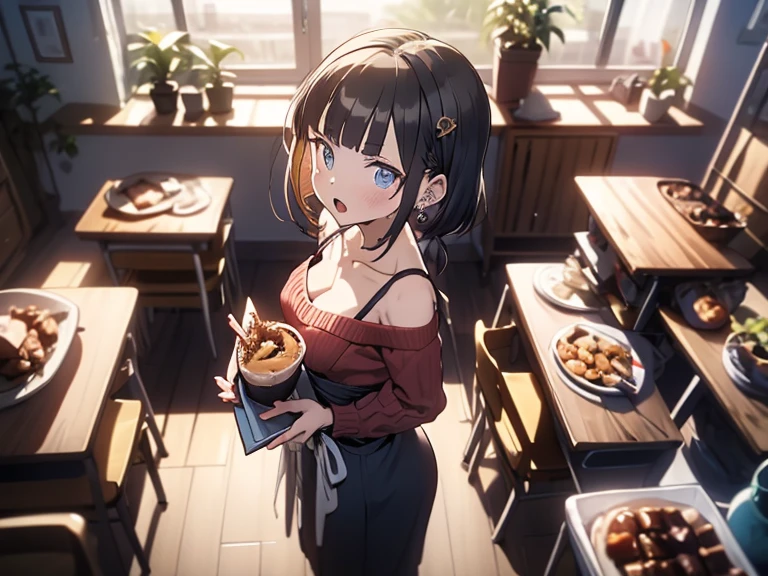 (small breasts:1.3), (perky chest:1.1), (pointed chest:1.0), (Pudding cake magazine cover:1.3),(from above:1.0),(from side:0.9),masterpiece, 1girl, Amazing Cleavage:1.1, thin waist, big ass, Raised sexy, small breast: 1.3, posed cleavage:1.2、solo, open mouth, have a cute grass of cute beergrass,black hair, dark green eyes, dress, bare shoulders, jewelry, collarbone, sidelocks, hairband, earrings, indoors, off shoulder, sweater, arms behind back, plant, short hair with long locks, gild hairband, sweater dress:1.2, off-shoulder sweater, red sweater, dark gord hair, big side hair, very long side hair,is rendered in (masterpiece: 1.2, best quality), with (ultra high resolution) and an exquisite (depth of field). This masterpiece is not only visually stunning but also tells,A scene of cooking in the kitchen by classroom ,looking at viewer,