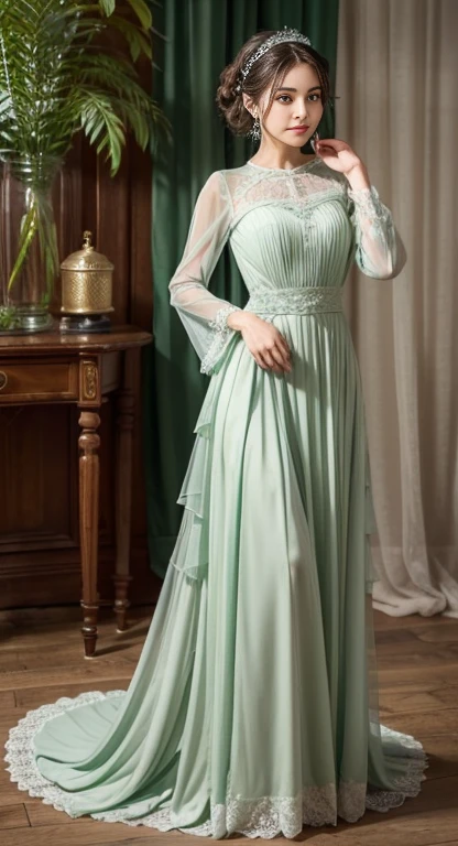 ((High-quality work)), the lines are clear and concise, the green dress and the beautiful pleated lace complement each other, which enriches the layering of the whole picture, the graceful Edwardian lace dress and the princess skirt add a lot to the character, the gesture with the back of the hand behind , It also shows the gentle and elegant side of women.