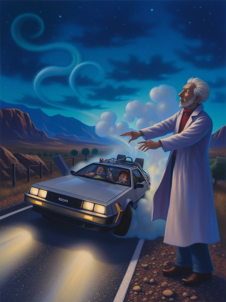 mrygp, Marty McFly and Doc Brown, an old scientist with fluffy white hair, wearing a white coat, stand by the DeLorean on an empty road under a midnight sky, surrounded by swirling steam. Marty looks excited and a bit nervous, while Doc, wild-eyed, gestures at the car’s dashboard, explaining their journey. The headlights cast beams across the road, and the dashboard shows a date far into the future, with sparks and glowing lights emphasizing the thrill of time travel.