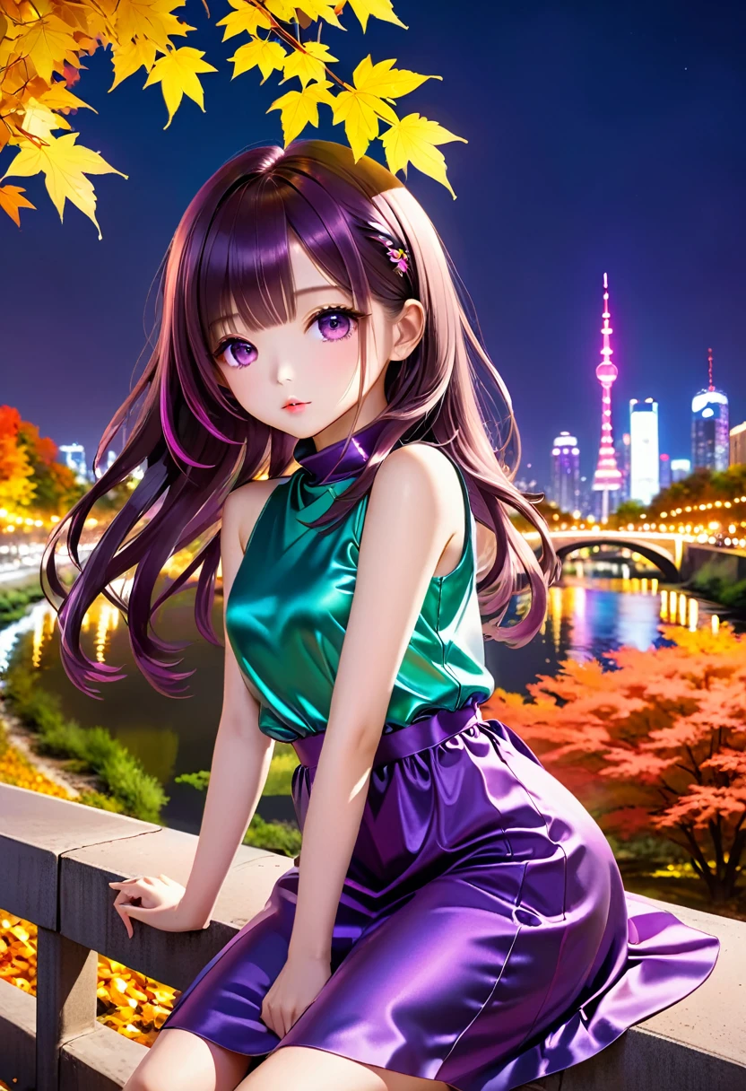 ((Autumn Night Neon Street :1.5、Sitting right on the prairie beside the river :1.5))、((Chibi:1.5)), ((((Taken obliquely from behind :1.5、from behind:1.5)), back view:1.5, looking back)),  one girl , ((Top Models:1.5))、 best quality, masterpiece,  ultra high resolution, (Realistic:1.4),  RAW Photos,  complicated details,  big beautiful dark emerald eyes :1.5, Perfect Contour, masterpiece, Silky Long Hair,  ((Blunt Bungs:1.5, twin drilled hair:1.5)), full lips:1.5, pink lips:1.5, gloss lips:1.5, parted lips1.5, slim、Short stature:1.5、(flat chest:1.2,  tight chest:1.2, High chest:1.5),  (( Super Soft Loose High Neck Sleeveless Metallic Satin Middle Dress:1.5、Shiny super shine iridescent purple dress:1.5)), ((The background is a night neon city:1.5、Hot Spring Town:1.5、Yellow Leaf 、Bokeh))