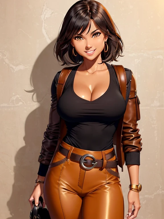 8K, (best quality:1.3), (masterpiece:1.3), (detailed:1.2), ultra high res, colorful, extremely detailed eyes and face, beautiful detailed eyes, 1girl, solo, (26 year old:1.3), (Filipino Woman:1.3), (tanned bronze skin:1.4), (short black hair:1.3), (Amber eyes:1.02), (Detailed face:0.97, (Detailed eyes:1.09), (Mascara:1.02), (Earrings:1.06), (tanned bronze skin:1.08), (Wearing: Blue jacket, white undershirt, tight jeans, belt:1.2), (agile physique:1.1), (Character Focus),Perfect Anatomy,(Professional Lighting), (Walking),(super detailed skin), (Parted lips:1.1),(Glossy lips),(lip stick), She's looking at the camera with a carefree smile
