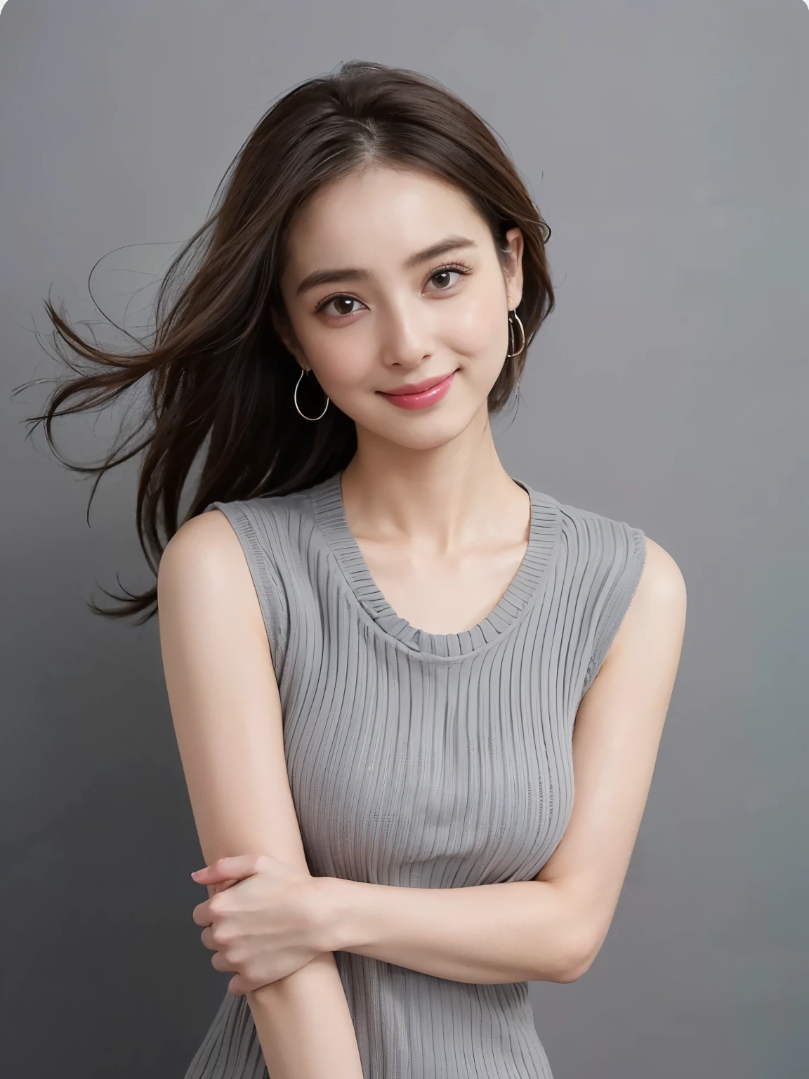 ((( best quality)))、(((Ultra-precision CG16K wallpaper)))、(((Super detailed)))、(((Mature 24 year old woman、one person:1.8)))、((Very beautiful Japanese face))、(((Zuo々Nozomi)))、(( semi-long hair at the end))、(Shiny brown hair)、(Sparkling Eyes)、Thin eyebrows、Seductive lips、((C cup size breasts ))、((Beautiful breasts))、((Beautiful Skin))、( cleavage)、 perfect proportions、 perfect anatomy、Perfect composition、 beautiful detailed shading 、 beautiful natural lighting 、 beautiful details glow 、 natural light、Front lighting、 depth of field、Full screen image、((( high chroma)))、((( real:1.8)))、(((sharp:1.5)))、(((Upper body image:1.6)))、(((Front image:1.6)))、((( Close Her Mouth and Smile )))、(((looking at me:1.8)))、(((background_living、Houseplants)))、( Standing Pose :1.6)、(((grey color sleeveless rib knit mini dress:1.6)))、