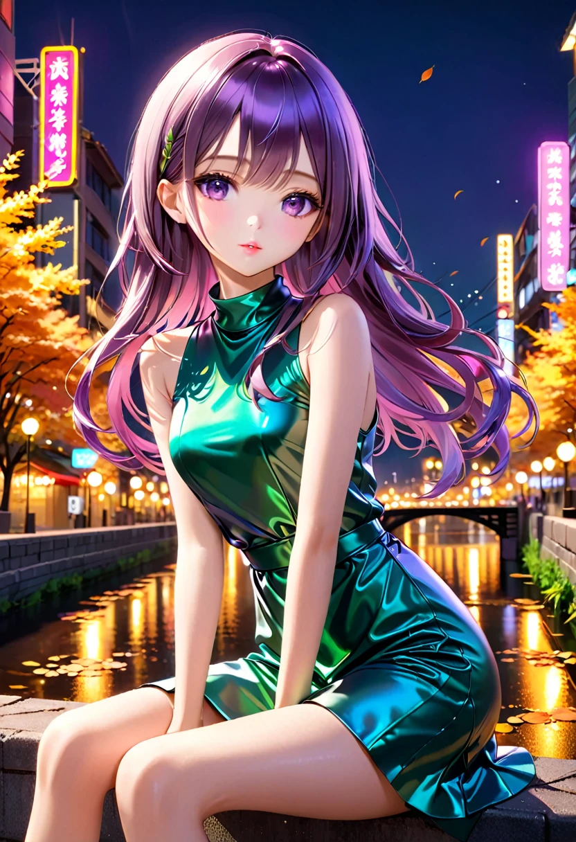 ((Autumn Night Neon Street :1.5、Sitting right on the prairie beside the river :1.5))、((Chibi:1.5)), ((((Taken obliquely from behind :1.5、from behind:1.5)), back view:1.5, looking back)),  one girl , ((Top Models:1.5))、 best quality, masterpiece,  ultra high resolution, (Realistic:1.4),  RAW Photos,  complicated details,  big beautiful dark emerald eyes :1.5, Perfect Contour, masterpiece, Silky Long Hair,  ((Blunt Bungs:1.5, twin drilled hair:1.5)), full lips:1.5, pink lips:1.5, gloss lips:1.5, parted lips1.5, slim、Short stature:1.5、(flat chest:1.2,  tight chest:1.2, High chest:1.5),  (( Super Soft Loose High Neck Sleeveless Metallic Satin Middle Dress:1.5、Shiny super shine iridescent purple dress:1.5)), ((The background is a night neon city:1.5、Hot Spring Town:1.5、Yellow Leaf 、Bokeh))