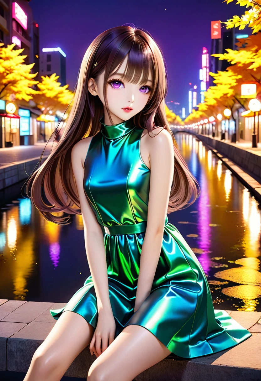 ((Autumn Night Neon Street :1.5、Sitting right on the prairie beside the river :1.5))、((Chibi:1.5)), ((((Taken obliquely from behind :1.5、from behind:1.5)), back view:1.5, looking back)),  one girl , ((Top Models:1.5))、 best quality, masterpiece,  ultra high resolution, (Realistic:1.4),  RAW Photos,  complicated details,  big beautiful dark emerald eyes :1.5, Perfect Contour, masterpiece, Silky Long Hair,  ((Blunt Bungs:1.5, twin drilled hair:1.5)), full lips:1.5, pink lips:1.5, gloss lips:1.5, parted lips1.5, slim、Short stature:1.5、(flat chest:1.2,  tight chest:1.2, High chest:1.5),  (( Super Soft Loose High Neck Sleeveless Metallic Satin Middle Dress:1.5、Shiny super shine iridescent purple dress:1.5)), ((The background is a night neon city:1.5、Hot Spring Town:1.5、Yellow Leaf 、Bokeh))