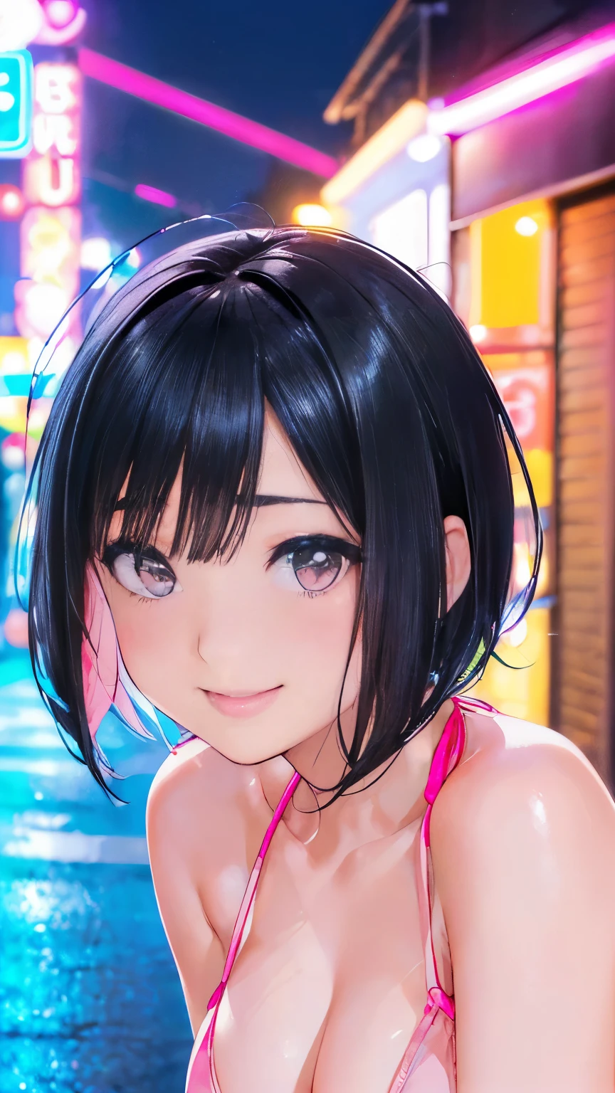 (Neon Street at Night:1.5), (Beautiful girl gravure idol with big breasts wearing light pink bikini swimsuit with black hair color:1.3), (short hairstyle:1.5), (constricted waist:1.3), (Close-up photos of faces:1.5), (full bodyesbian:1.3), (Smiling:1.3)