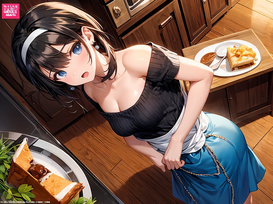 Absurd resolution, high resolution, (masterpiece:1.4), ultra-detailed, 1girl, in beautiful frock , seen from above, kitchen ,cooking food, wide-angle lens distortion