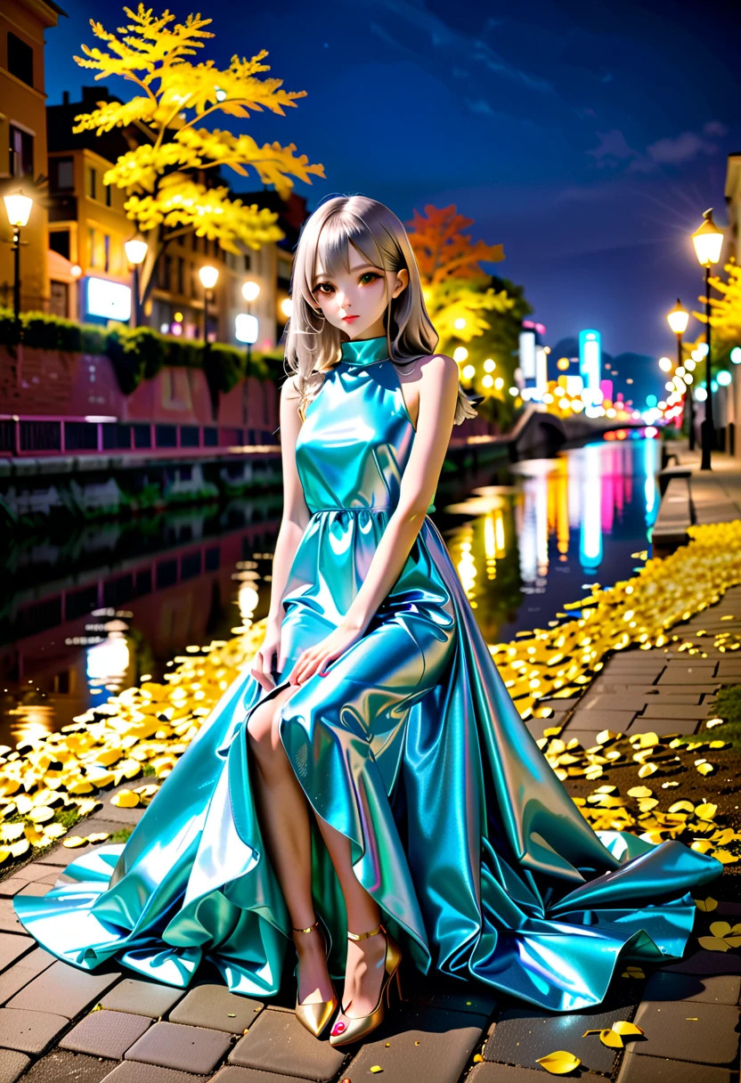 ((Autumn Night Neon Street :1.5、Sitting right on the prairie beside the river :1.5))、((Chibi:1.5)), ((((Taken obliquely from behind :1.5、from behind:1.5)), back view:1.5, looking back)),  one girl , ((Top Models:1.5))、 best quality, masterpiece,  ultra high resolution, (Realistic:1.4),  RAW Photos,  complicated details,  big beautiful dark emerald eyes :1.5, Perfect Contour, masterpiece, Silky Long Hair,  ((Blunt Bungs:1.5, twin drilled hair:1.5)), full lips:1.5, pink lips:1.5, gloss lips:1.5, parted lips1.5, slim、Short stature:1.5、(flat chest:1.2,  tight chest:1.2, High chest:1.5),  (( Super Soft Loose High Neck Sleeveless Metallic Satin Middle Dress:1.5、 shiny super shine iridescent silver dress:1.5)), ((The background is a night neon city:1.5、Hot Spring Town:1.5、Yellow Leaf 、Bokeh))