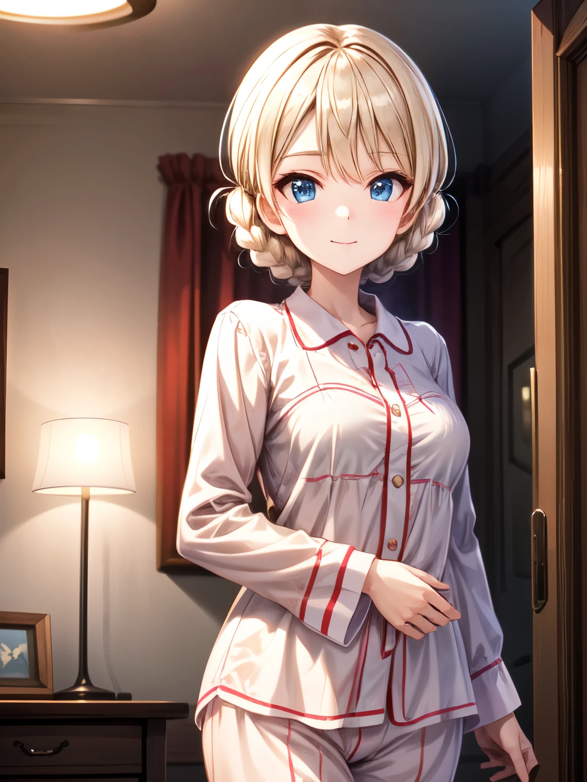 masterpiece、 best quality、  Hi-Res、whole body、 one girl 、(indoor、bet:1.2)、 shot from the front、smile、Darjeeling,( animated illustration style:1.3)、braided 、bangs、smile、blonde、 closed mouth、 Absolute Standard to the Center 、Cute for everyone to see、Small breasts、In pajamas、水色In pajamas、smile、 cinematic lighting、 cowboy shots、 extremely detailed face、 full light、 very detailed CG