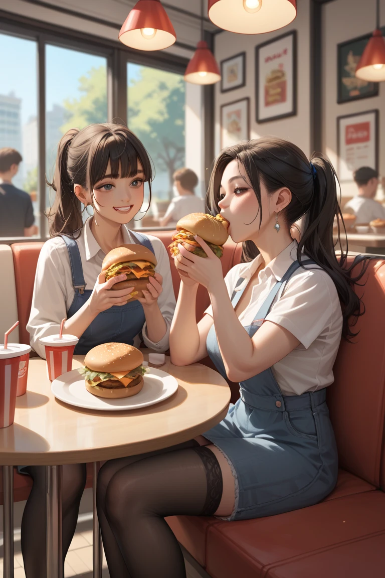 (2heads:1.3), 2heads, conjoined sisters, girl drinking soda, girl eating burger, conjoined twins, two heads, two headed conjoined twins, two heads on one body, giant boobs, cleavage, red low-cut shirt, napkin on boob, stains on shirt, sitting at fast-food restaurant table, sitting in booth, right hand holding a soda while the left hand holds a burger, !!one torso with two heads!!,
