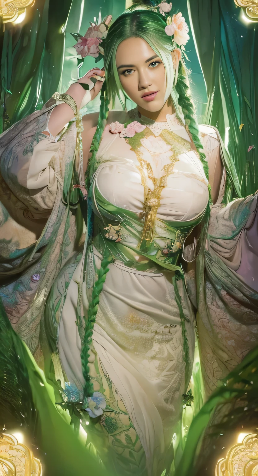 (masterpiece, top quality, best quality, official art, beautiful and aesthetic:1.2), (1girl:1.3), (fractal art:1.3), card, tarot, green hair, twin braids, hair flower, (good lighting:1.1), ((highres)), Tarot card style