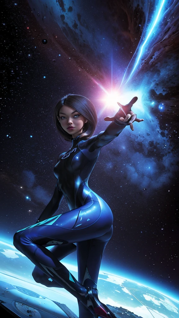 Woman wearing a blue wet suit . She has a seductive expression with a smirk. She is floating in space she as if she was standing stiff with her feet pointing downward. OThe is sharp jagged space debris floating around. She is in front of a wrecked star ship 