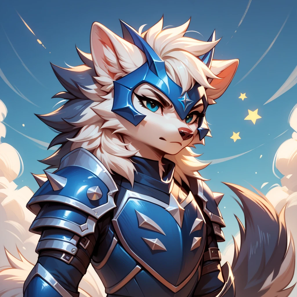 score_9, score_8_up, score_7_up, score_6_up, score_5_up, no humans, rating_safe, light-gray and gray poochyena, spiked mane, white fluff and tail, blue armor, blue helm with a star cutout