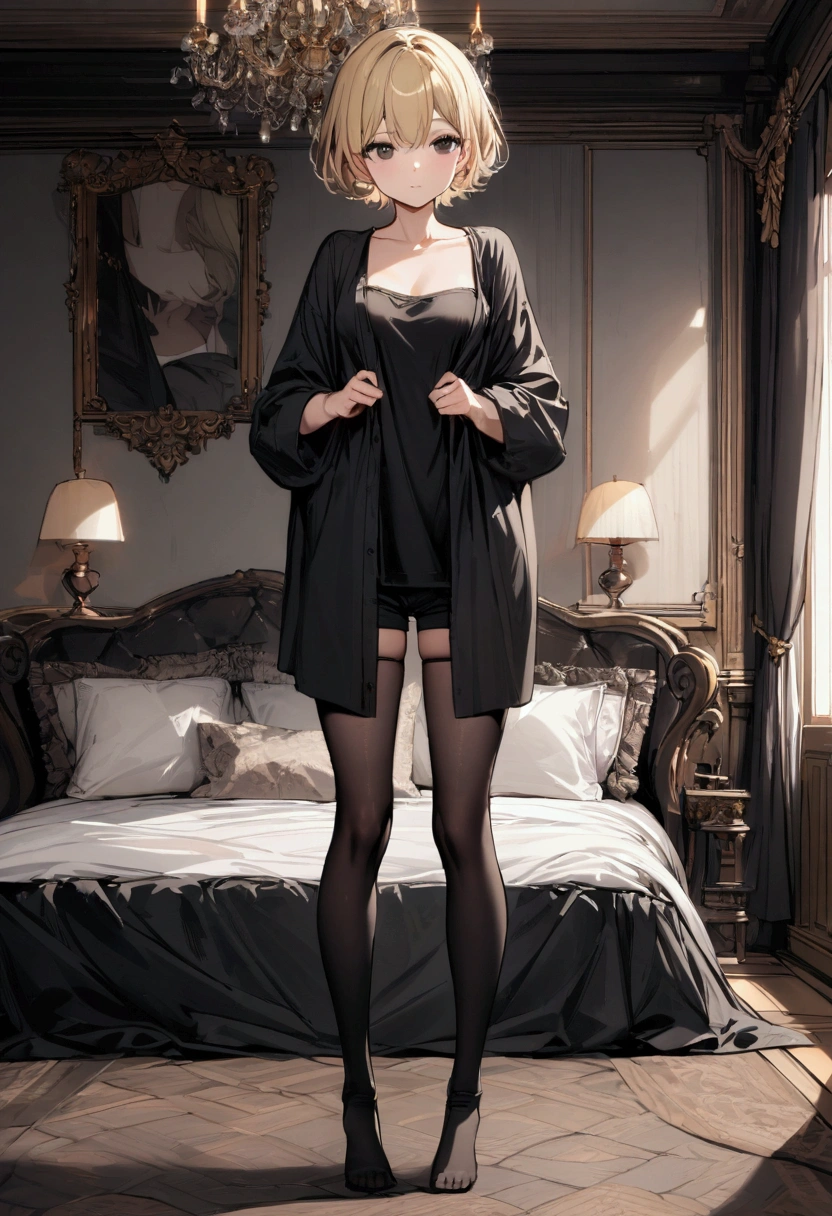 masterpiece、highest quality、High resolution、1 girl、(solo)、low length、barefoot、(((Yor Forger、jet black hair)))、detailed depiction of the face、(Standing with a smile)、slender、thin legs、(((bedroom、Sexual bra with detailed decoration、Sexual loincloth with detailed decorations)))
