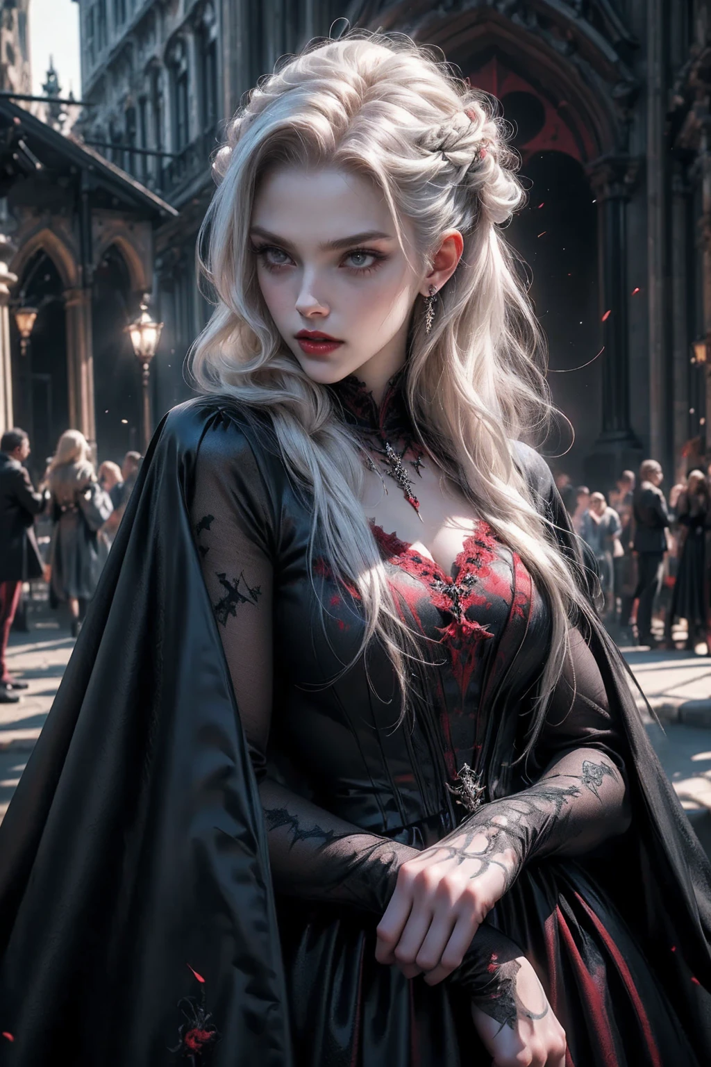 (beautiful vampire woman, pale skin, very long white hair, (red eyes), angry face, vampire fang, black gown, black victorian dress, piercing look, red lipstick, 4k, 8k, highres, masterpiece:1.2, ultra-detailed, realistic, photorealistic:1.37, HDR, UHD, studio lighting, ultra-fine painting, sharp focus, physically-based rendering, extreme detail description, professional, vivid colors, bokeh, portraits),