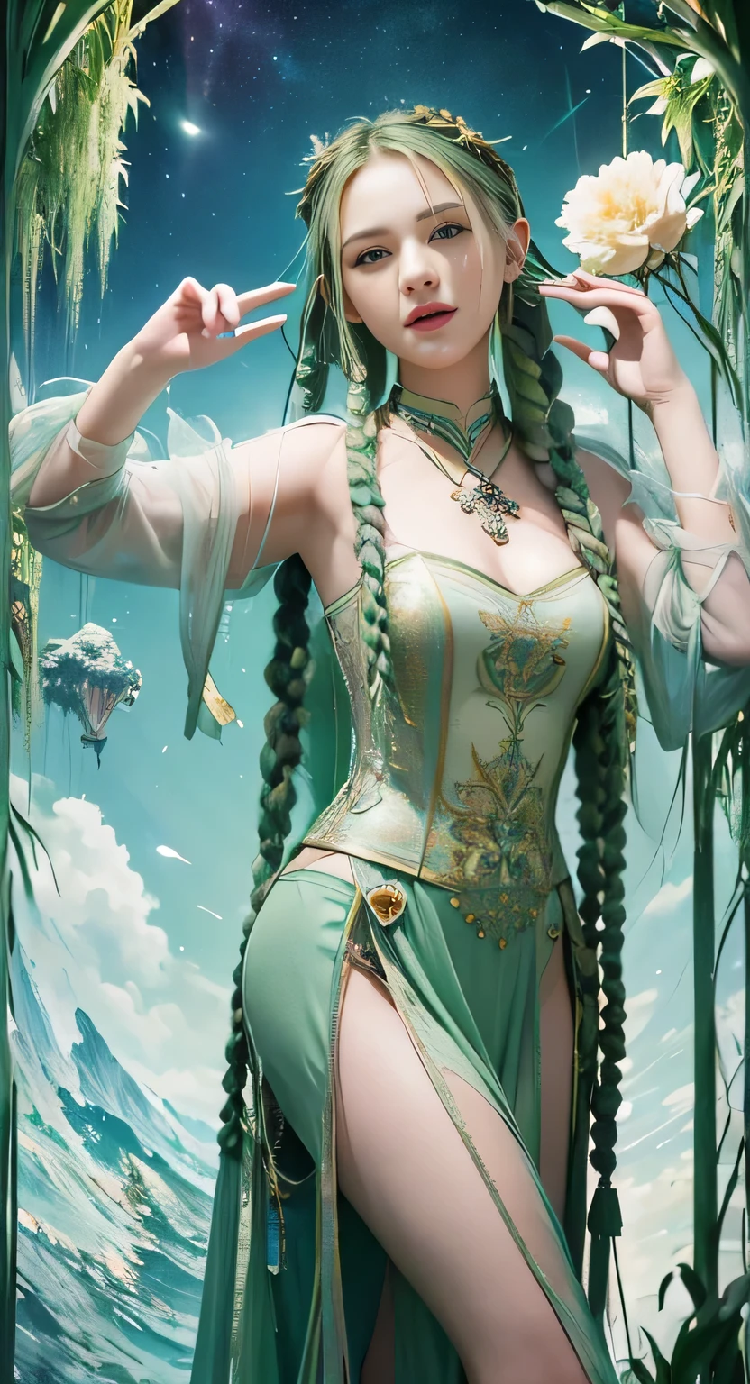 (masterpiece, top quality, best quality, official art, beautiful and aesthetic:1.2), (1girl:1.3), (fractal art:1.3), card, tarot, green hair, twin braids, hair flower, (good lighting:1.1), ((highres)), Tarot card style