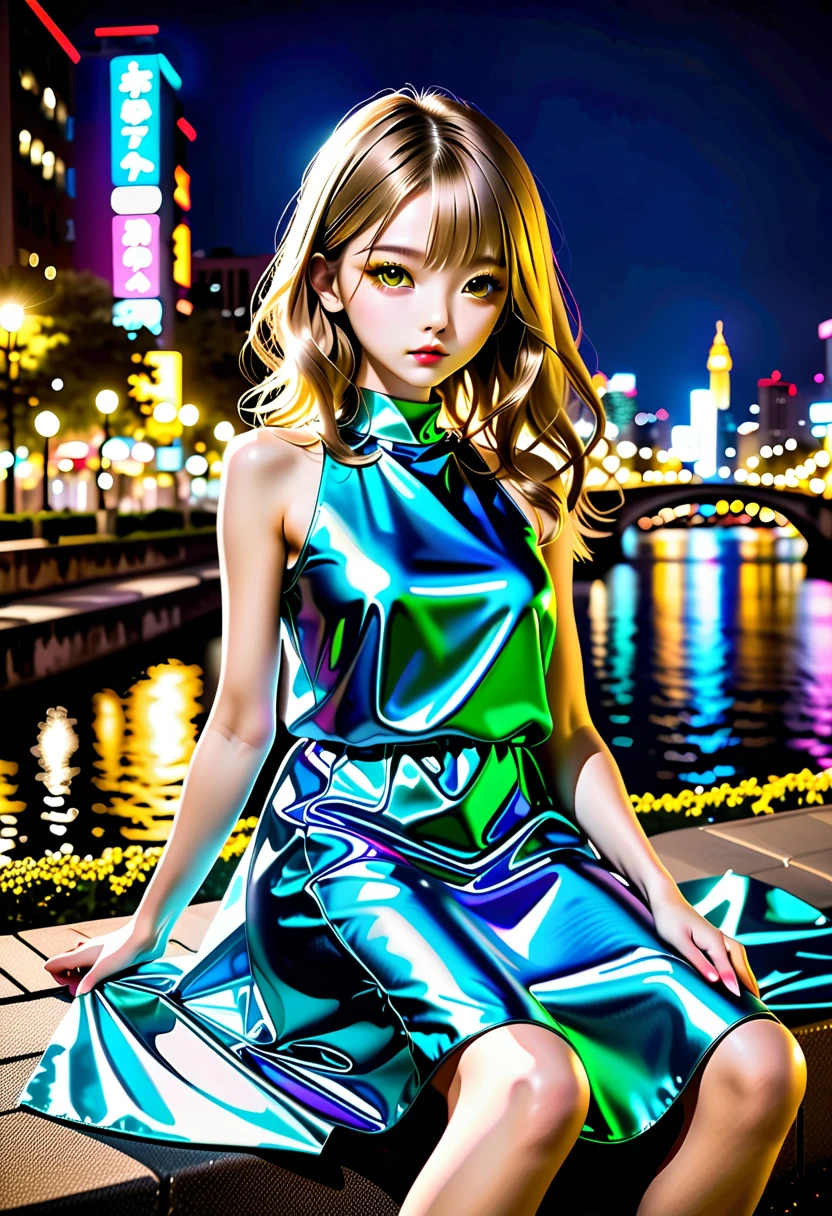 ((Autumn Night Neon Street :1.5、Sitting right on the prairie beside the river :1.5))、((Chibi:1.5)), ((((Taken obliquely from behind :1.5、from behind:1.5)), back view:1.5, looking back)),  one girl , ((Top Models:1.5))、 best quality, masterpiece,  ultra high resolution, (Realistic:1.4),  RAW Photos,  complicated details,  big beautiful dark emerald eyes :1.5, Perfect Contour, masterpiece, Silky Long Hair,  ((Blunt Bungs:1.5, twin drilled hair:1.5)), full lips:1.5, pink lips:1.5, gloss lips:1.5, parted lips1.5, slim、Short stature:1.5、(flat chest:1.2,  tight chest:1.2, High chest:1.5),  (( Super Soft Loose High Neck Sleeveless Metallic Satin Middle Dress:1.5、 shiny super shine iridescent gold dress :1.5)), ((The background is a night neon city:1.5、Hot Spring Town:1.5、Yellow Leaf 、Bokeh))