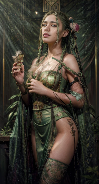 (masterpiece, top quality, best quality, official art, beautiful and aesthetic:1.2), (1girl:1.3), (fractal art:1.3), card, tarot, green hair, twin braids, hair flower, (good lighting:1.1), ((highres)), Tarot card style