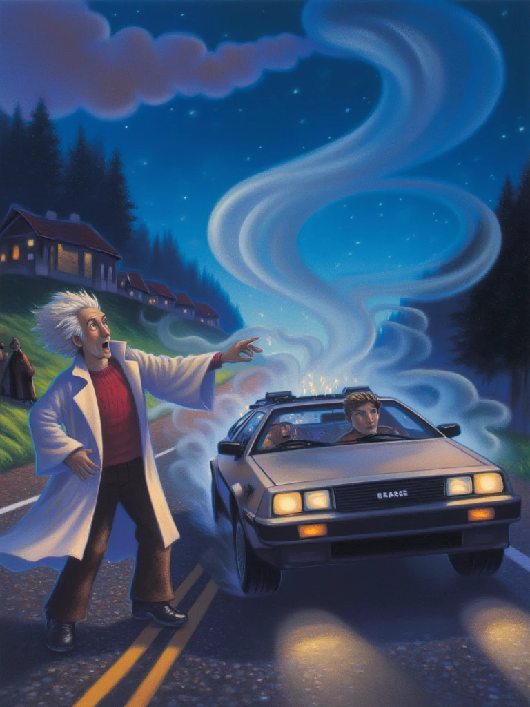 mrygp, Marty McFly and Doc Brown, an old scientist with fluffy white hair, wearing a white coat, stand by the DeLorean on an empty road under a midnight sky, surrounded by swirling steam. Marty looks excited and a bit nervous, while Doc, wild-eyed, gestures at the car’s dashboard, explaining their journey. The headlights cast beams across the road, and the dashboard shows a date far into the future, with sparks and glowing lights emphasizing the thrill of time travel.