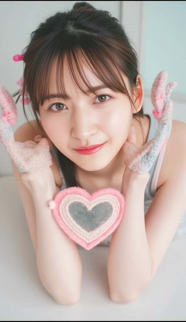 Only one woman with a cute smile wears cute, fluffy off-shoulder pajamas, makes a big heart shape with both hands, and poses them in front of her chest, View above collarbone、The background is a monotone 

