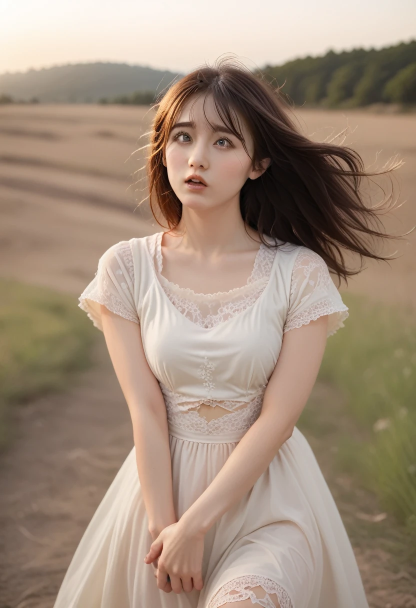 a beautiful woman walking in a meadow, torn and tattered clothing, shocked expression, (best quality,4k,8k,highres,masterpiece:1.2),ultra-detailed,(realistic,photorealistic,photo-realistic:1.37),detailed eyes,detailed lips,extremely detailed face and eyes,longeyelashes,outdoor scene,natural light,dramatic lighting,vibrant colors,serene landscape,windblown hair,dirt and debris on clothing,worn and weathered fabric,frightened expression,wide open eyes,parted lips,detailed hands and fingers