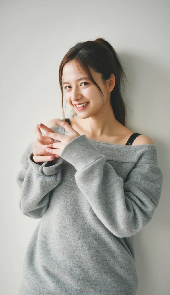 Only one woman with a cute smile wears cute, fluffy off-shoulder pajamas, makes a big heart shape with both hands, and poses them in front of her chest, View above collarbone、The background is a monotone 

