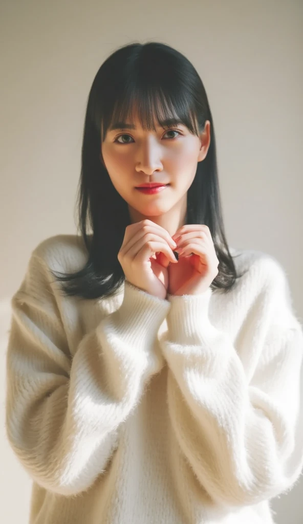 Only one woman with a cute smile wears cute, fluffy off-shoulder pajamas, makes a big heart shape with both hands, and poses them in front of her chest, View above collarbone、The background is a monotone 

