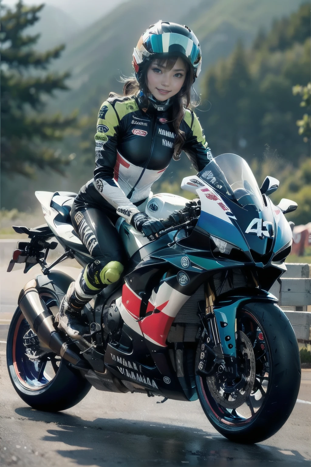 Yamaha R1Z, The Racer Girl, best quality, Ultra Wide Angle, small breasts,  Brown Skin, wearing Alpine Star racing boots,