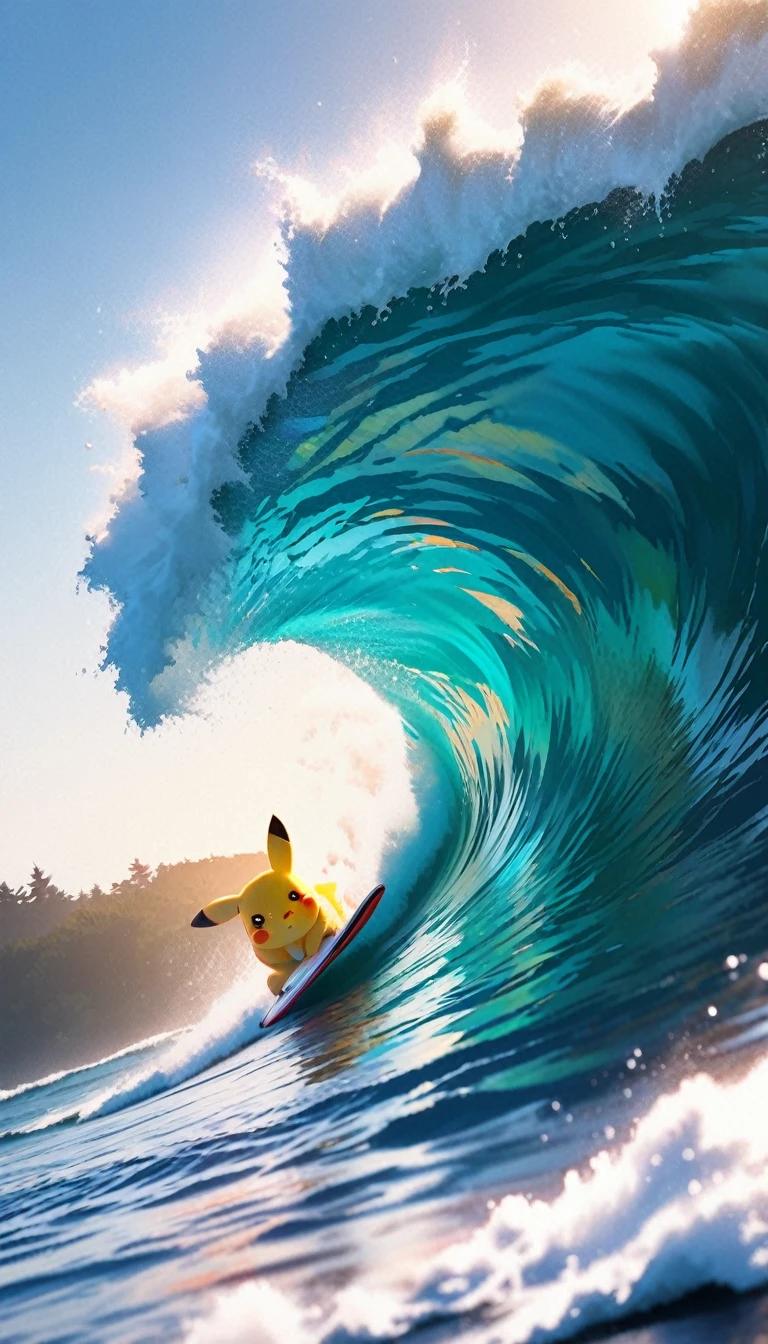 (Surfing Pikachu:1.3),quality\(8k,wallpaper of extremely detailed CG unit, ​masterpiece,hight resolution,top-quality,top-quality real texture skin,hyper realisitic,increase the resolution,RAW photos,best qualtiy,highly detailed,the wallpaper,cinematic lighting,ray trace,golden ratio\), BREAK ,solo, 1boy\(Pikachu\(Pokémon, nintendo\)\) (surfing:1.5), BREAK ,background\((big wave\(rolling,beautiful,clear,(motion blur:0.5)\):1.5),beautiful sea\(whitecaps\),clean ocean,beautiful coral, beautiful fish,beautiful sky,beautiful sunlight,reflections,golden hour,water splash,you can see the wind browing,\),(dynamic angle:1.4),anime style,from above,close-up of pikachu