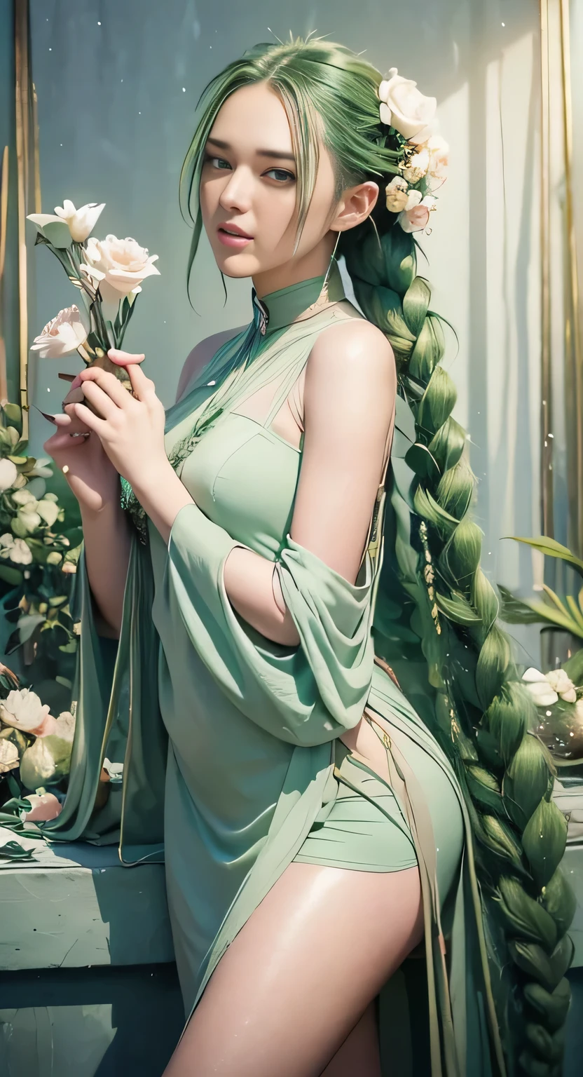 (masterpiece, top quality, best quality, official art, beautiful and aesthetic:1.2), (1girl:1.3), (fractal art:1.3), card, tarot, green hair, twin braids, hair flower, (good lighting:1.1), ((highres)), Tarot card style