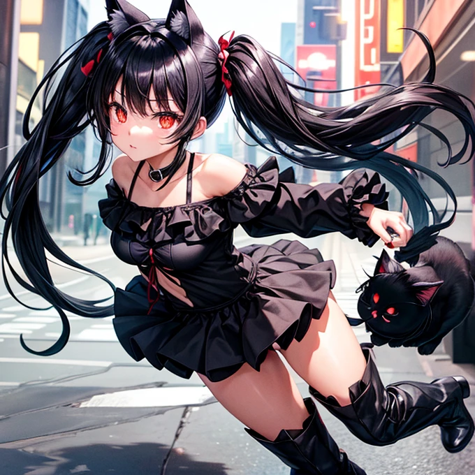 (Full HD 4k), single Anime girl from the anime "Show by rock" Blue, green eyes, black hair, Latex sexy lace pink underwear, angry pose, blush on cheeks, pouting lips, black cat ears, anime anime anime cat character, cute anime cat girl, anime cat visual image, anime cat, very beautiful anime cat girl, beautiful anime cat girl, beautiful anime cat girl,  anime visual image of a cute girl
