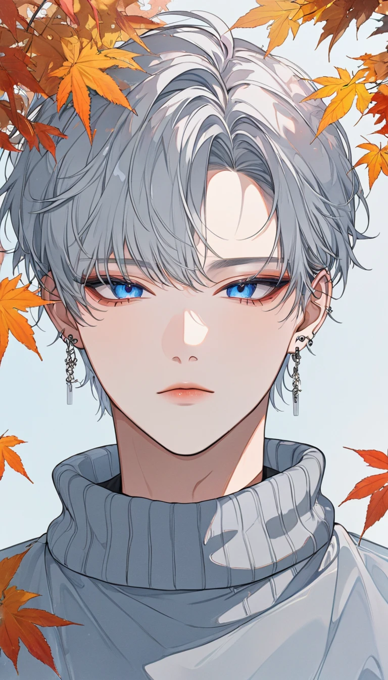 K-Pop,  absurd,  Hi-Res, Super detailed,  Hi-Res,  Masterpiece」,  best quality,  Extremely Detailed Face ,   Delicate Features  , Jaehwan, Sexy Men, Gray Hair,  short hair, No fringe, no bangs , Beautiful Hair,  COOL BLUE EYES ,   The World After Fall  , Alone, Functional, Young Face, Warm sweaters with fall clothes , cold, transparent, black, boyfriend, ,  earrings for a woman alone, K-Pop boy,   draw a large background  , Anime, K-Pop model, On the Autumn Road , sexy pose,   draw a large background  , 4K, High image quality, Korean Makeup,  Upper Body Photo ,  Draw Your Upper Body Big , Gentle Light,  I'm Talking to You ,