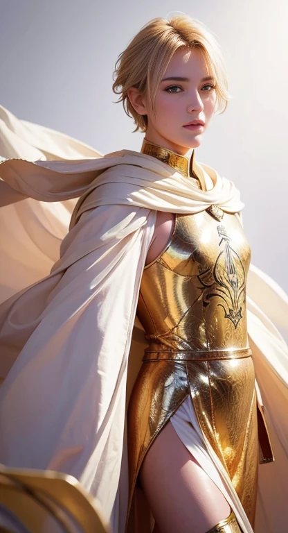 Best quality, masterpiece, ultra high resolution, white background, realistic, hadesstyle, retracted from a 16-year-old prince on the battlefield, short blonde hair, amber eyes, Imperial Prince armor, cape, depth of field