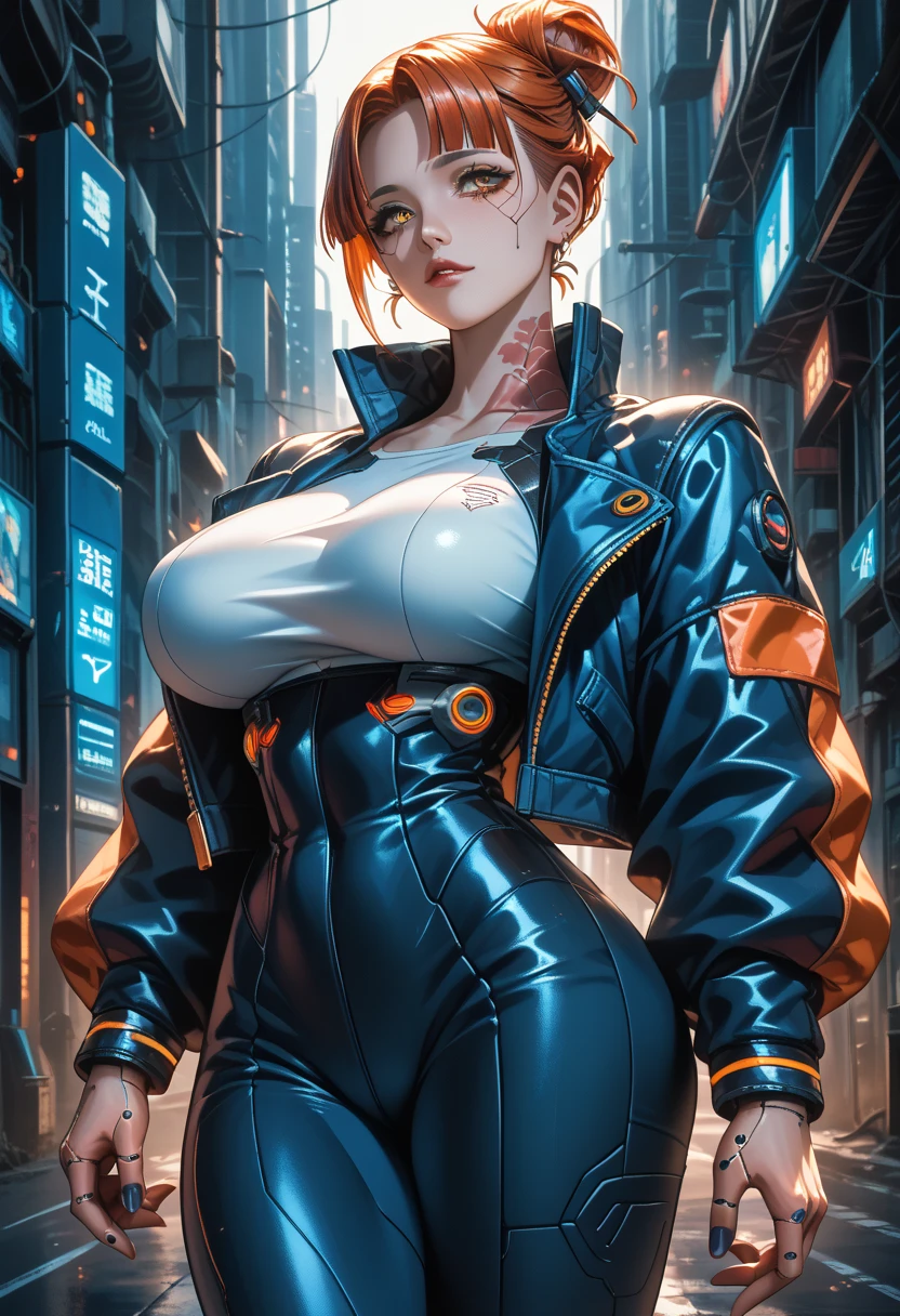 mechanical girl,(1girl: 1.3),((1 black girl with extremely cute and beautiful red hair)),((((black race)))),

(big breasts: 1.4),sagging breasts,(((short red hair: 1.35,cropped,redhead,very short hair))),((heterochromia:1.5, (orange_eye and red_eye))),intricate eyes,beautiful detailed eyes,symmetrical eyes,(fat),((((tan,dark skin,black skin:1.35,dark-skinned_female,dark skin:1.3,ebony skin,lustrous skin:1.5,bright skin: 1.5,shiny skin,very shiny skin,shiny body,illuminated skin,wet legs)))),(spider lower abdomen,narrow waist,wide hip ,athletic body,inflated legs,delicate and detailed fingers,detailed body,(detailed face)),((muscle legs)),((muscular thighs)),((muscular girl)),((strong and muscular,bodybuilder,strong body,muscular,feminine and muscular)),((ABS)),(huge stature,tall stature,very tall girl),

cute,slutty,sensual,seductive look,seductive,erotic,((nsfw)),

(fitted overalls: 1.3,suit unbuttoned),(((mechanical tools on his clothing,cyberpunk clothes))),(((huge cleavage))),((wet clothes,intricate outfit,intricate clothes)),

(dynamic pose:1.0),embarrassed,(centered,scale to fit dimensions,Rule of thirds),

cyberpunk city by the ocean at night, with bright neon signs and dark stormy clouds and puddles, scenery:1.25,

artistic photography,(photography taken by sldr),highres, sharp focus, (ultra detailed, extremely detailed), (photorealistic artwork:1.37),(extremely detailed CG unity 8k wallpaper),((synthwave background theme)),(((vibrant colors))),(intricate background),(masterpiece),(best quality),