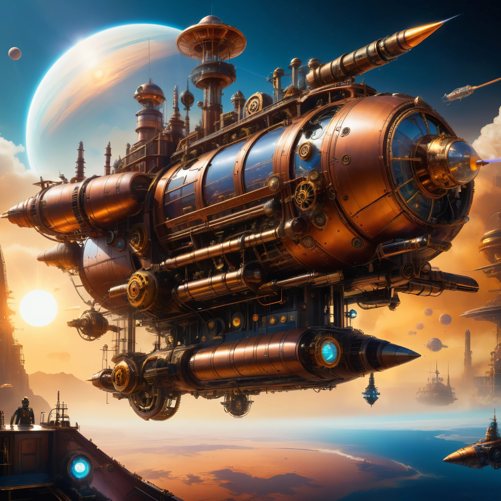 steampunk, A steampunk-inspired sci-fi scene featuring a futuristic spaceship in orbit around a sun-drenched planet. The ship is outfitted with a variety of gizmos and gadgets, all of which appear to be powered by steam.