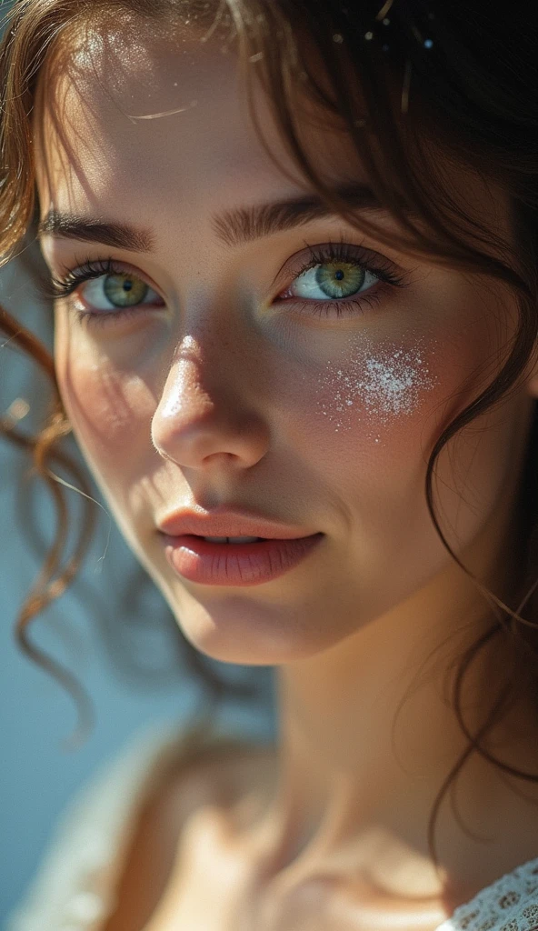 Detailed and realistic photography of a woman with freckles, upper body, cleavage, big breast, round eyes and long messy ponytail, soulful, emotive, dawn light, sunglow, sunburst, hazy morning, alexis bledel, innocent, wearing white lingerie skin texture, chapped lips, dramatic natural lighting, magical photography, dramatic lighting, photo realism, ultra-detailed, Cinestill 800T