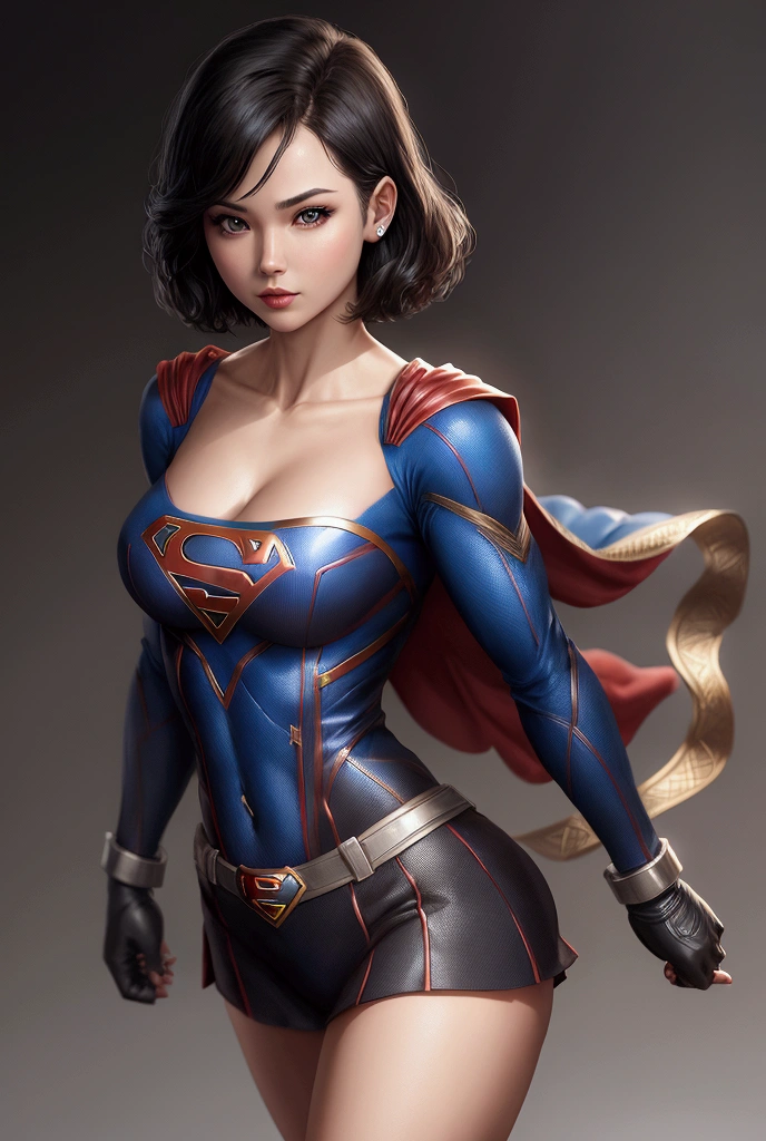 Beautiful Supergirl, short black hair, blue suit, detailled abs