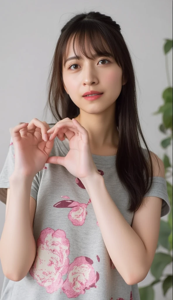 Only one woman with a cute smile wears cute, fluffy off-shoulder pajamas, makes a big heart shape with both hands, and poses them in front of her chest, View above collarbone、The background is a monotone 

