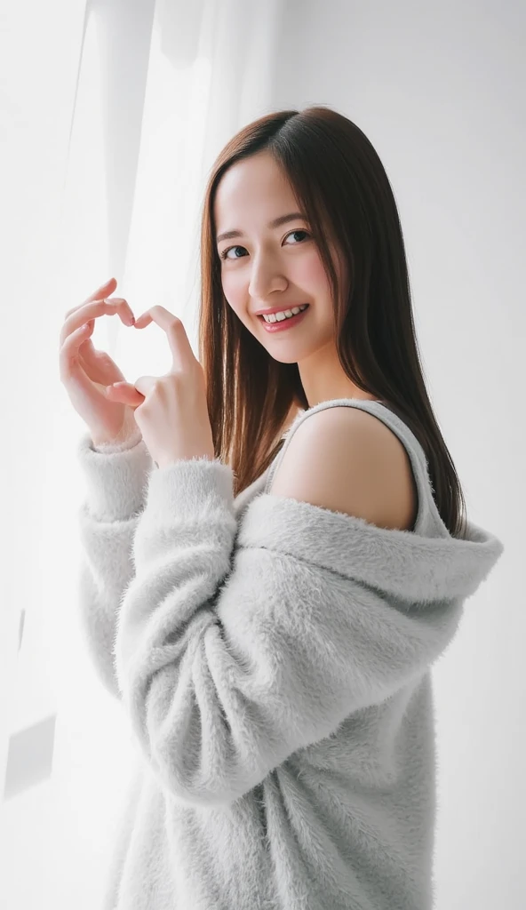 Only one woman with a cute smile wears cute, fluffy off-shoulder pajamas, makes a big heart shape with both hands, and poses them in front of her chest, View above collarbone、The background is a monotone 

