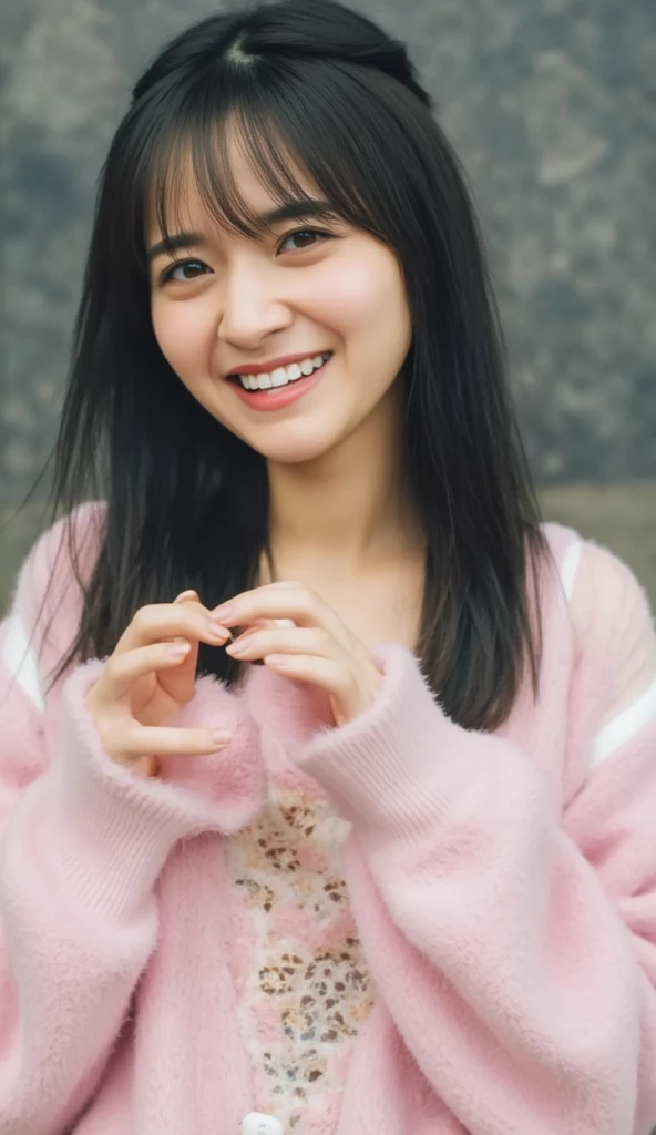 Only one woman with a cute smile wears cute, fluffy off-shoulder pajamas, makes a big heart shape with both hands, and poses them in front of her chest, View above collarbone、The background is a monotone 

